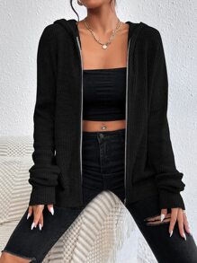 SHEIN Frenchy Zip Up Hooded Solid Cardigan Winter Black - Black - View 5