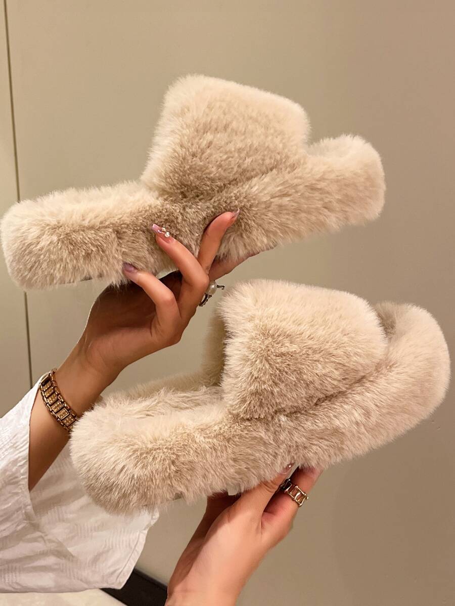 Single Band Fuzzy Bedroom Slippers - Khaki - View 1