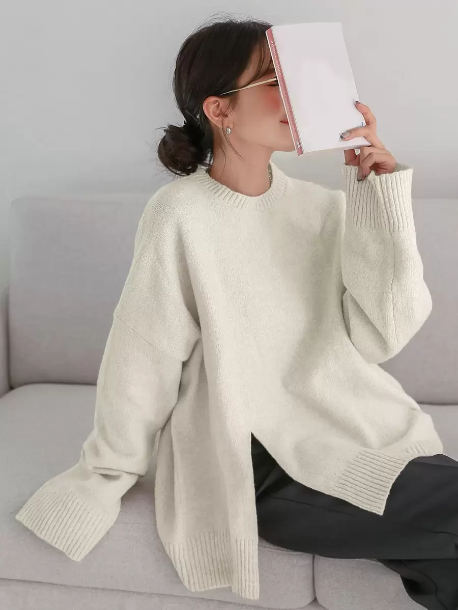 DAZY Áo len hở vai xẻ tà, Quần áo mùa thu - Màu be - Xem 1
