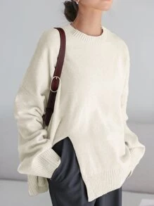 DAZY Áo len hở vai xẻ tà, Quần áo mùa thu - Màu be - Xem 3