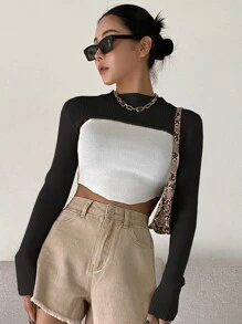 DAZY 1pc Mock Neck Super Crop Sweater Fall - Black - View 1