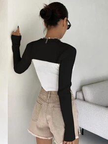 DAZY 1pc Mock Neck Super Crop Sweater Fall - Black - View 2