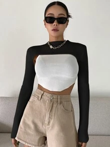 DAZY 1pc Mock Neck Super Crop Sweater Fall - Black - View 3