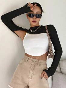 DAZY 1pc Mock Neck Super Crop Sweater Fall - Black - View 5