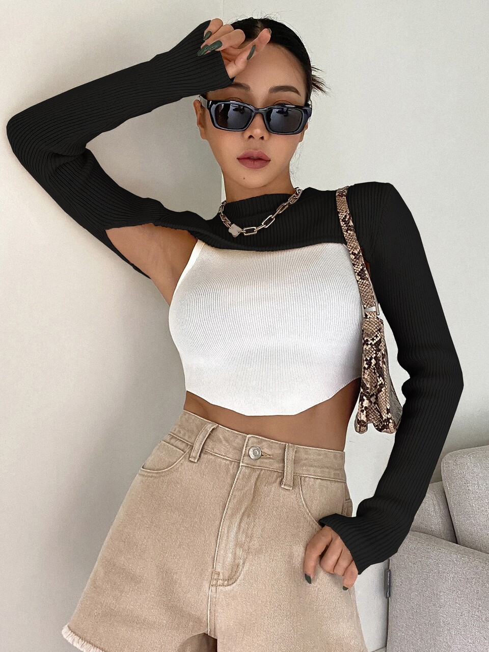 1pc Mock Neck Super Crop Sweater Fall
