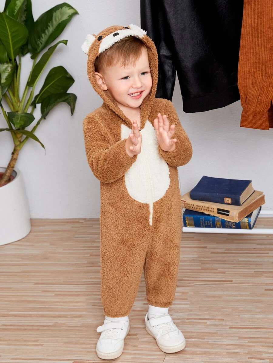 SHEIN Baby Boy Cartoon Embroidery 3D Ear Patched Hooded Flannel Jumpsuit - Brown - View 1