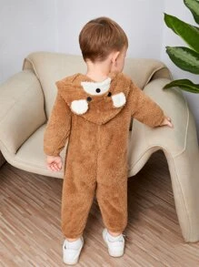 SHEIN Baby Boy Cartoon Embroidery 3D Ear Patched Hooded Flannel Jumpsuit - Brown - View 2