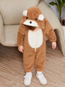SHEIN Baby Boy Cartoon Embroidery 3D Ear Patched Hooded Flannel Jumpsuit - Brown - View 4