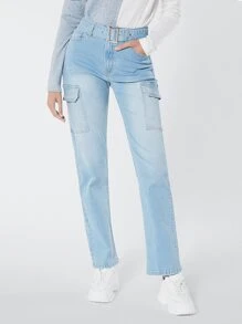 SHEINBlues Belted Cargo Jeans - Light Wash - View 9