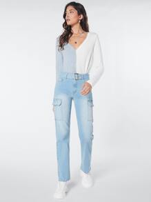 SHEINBlues Belted Cargo Jeans - Light Wash - View 8