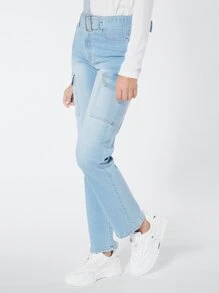 SHEINBlues Belted Cargo Jeans - Light Wash - View 11