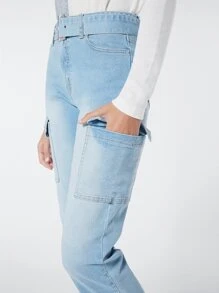 SHEINBlues Belted Cargo Jeans - Light Wash - View 12