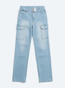 SHEINBlues Belted Cargo Jeans - Light Wash - View 13