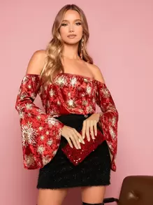 Off Shoulder Bell Sleeve Floral Print Velvet Tee - Multicolor - View 6