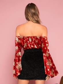 Off Shoulder Bell Sleeve Floral Print Velvet Tee - Multicolor - View 2
