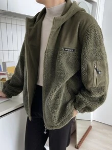 DAZY Men Patch Detail Drop Shoulder Hooded Teddy Coat - Army Green - View 1