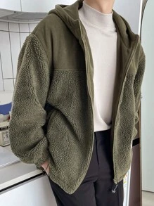 DAZY Men Patch Detail Drop Shoulder Hooded Teddy Coat - Army Green - View 10