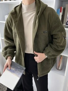 DAZY Men Patch Detail Drop Shoulder Hooded Teddy Coat - Army Green - View 11