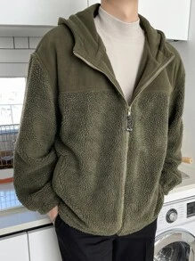 DAZY Men Patch Detail Drop Shoulder Hooded Teddy Coat - Army Green - View 12