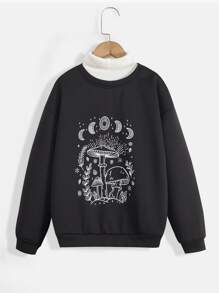 Girls Mushroom Print Drop Shoulder Sweatshirt Without Jumper - Black - View 1