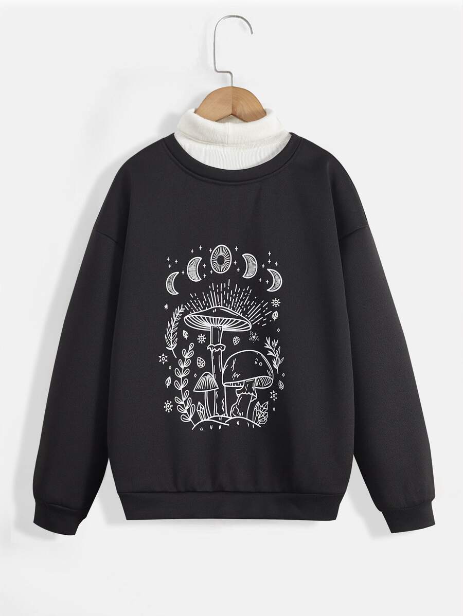 Girls Mushroom Print Drop Shoulder Sweatshirt Without Jumper - Black - View 1
