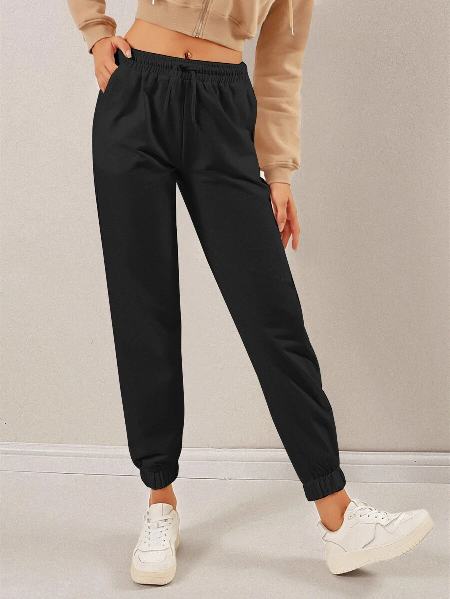Cottnline Drawstring Waist Solid Joggers - Black - View 1