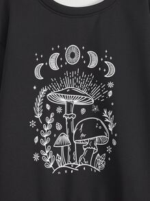 Girls Mushroom Print Drop Shoulder Sweatshirt Without Jumper - Black - View 3