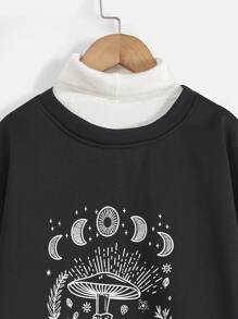Girls Mushroom Print Drop Shoulder Sweatshirt Without Jumper - Black - View 6
