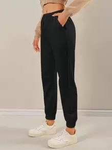 Cottnline Drawstring Waist Solid Joggers - Black - View 4