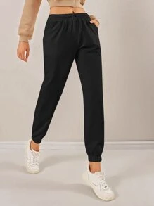 Cottnline Drawstring Waist Solid Joggers - Black - View 5