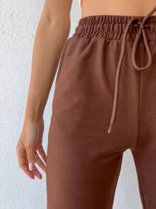 Cottnline Slant Pocket Drawstring Waist Joggers - Brown - View 3