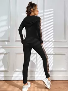 SHEIN Unity Leopard Print Side Seam Drawstring Zip Up Hoodie & Joggers - Black - View 2