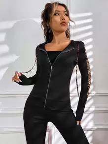 SHEIN Unity Leopard Print Side Seam Drawstring Zip Up Hoodie & Joggers - Black - View 4