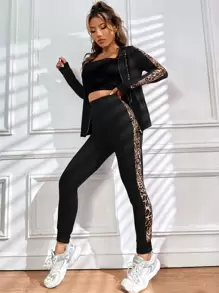 SHEIN Unity Leopard Print Side Seam Drawstring Zip Up Hoodie & Joggers - Black - View 5