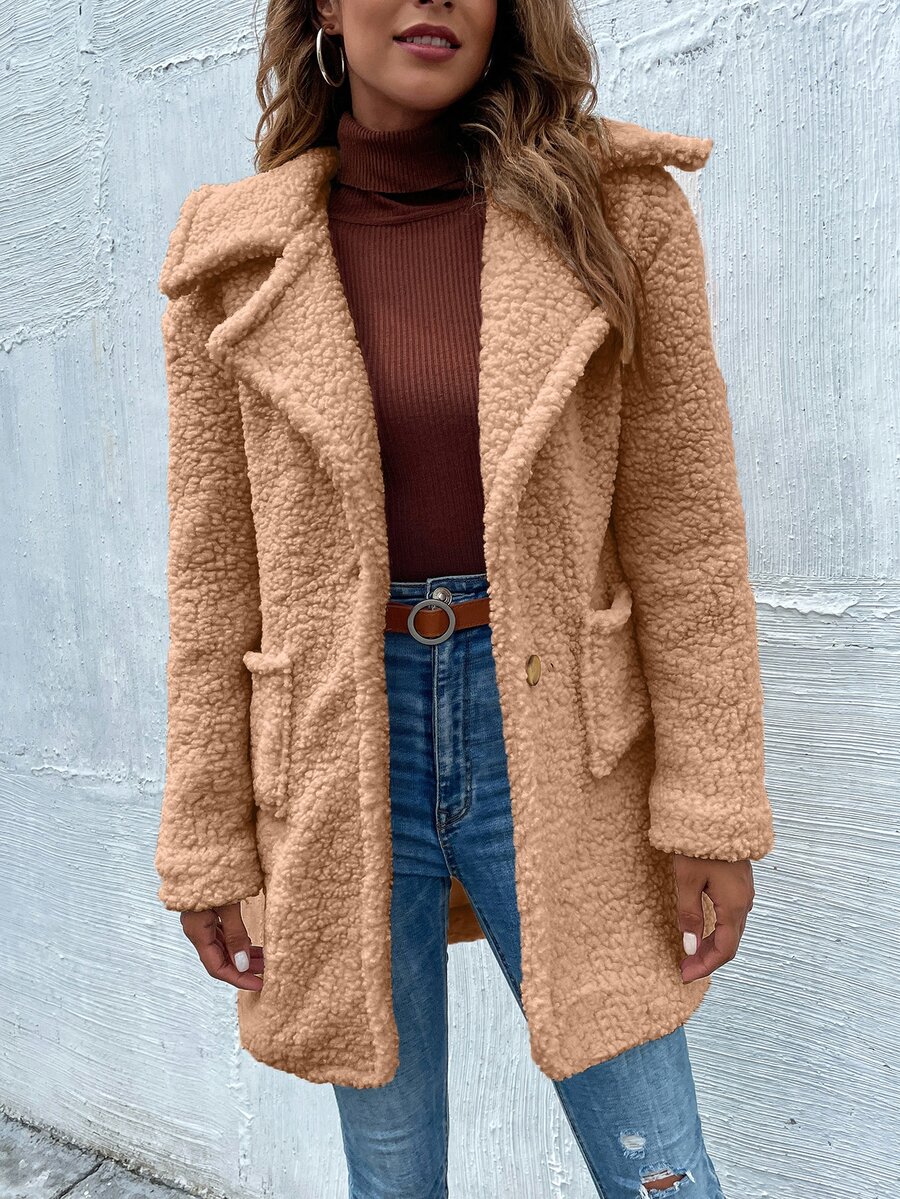 SHEIN LUNE Dual Pockets Lapel Collar Teddy Coat - Camel - View 1