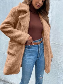 SHEIN LUNE Dual Pockets Lapel Collar Teddy Coat - Camel - View 3