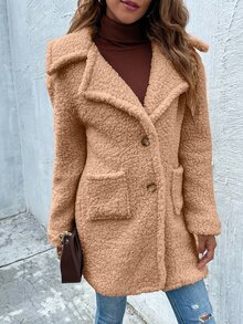 SHEIN LUNE Dual Pockets Lapel Collar Teddy Coat - Camel - View 4