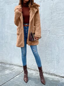 SHEIN LUNE Dual Pockets Lapel Collar Teddy Coat - Camel - View 5