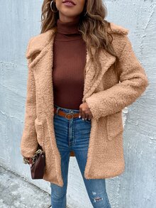 SHEIN LUNE Dual Pockets Lapel Collar Teddy Coat - Camel - View 6