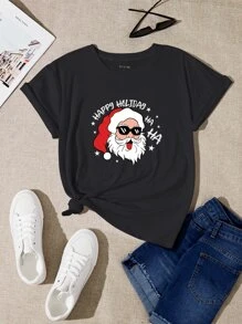 SHEIN LUNE Christmas Print Tee - Black - View 1