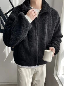 DAZY Men Drop Shoulder Zipper Teddy Jacket - Black - View 8