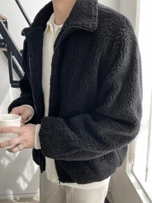 DAZY Men Drop Shoulder Zipper Teddy Jacket - Black - View 9