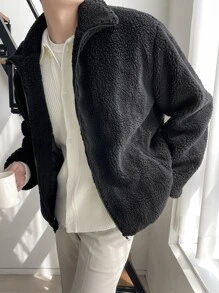 DAZY Men Drop Shoulder Zipper Teddy Jacket - Black - View 10