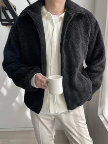 DAZY Men Drop Shoulder Zipper Teddy Jacket - Black - View 11