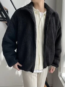 DAZY Men Drop Shoulder Zipper Teddy Jacket - Black - View 12