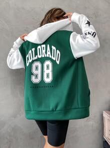 Flirla 字母图案拼色落肩拉链抽绳连帽衫，长袖上衣 - 墨綠色 - 查看 3