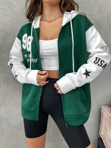 Flirla 字母图案拼色落肩拉链抽绳连帽衫，长袖上衣 - 墨綠色 - 查看 5