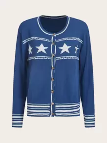 Star & Striped Pattern Cardigan - Blue - View 1