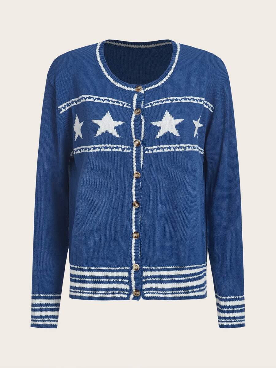 Star & Striped Pattern Cardigan - Blue - View 1