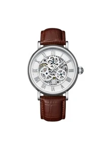 KINYUED Men Hollow Out Round Pointer Mechanical Watch - Brown - View 6